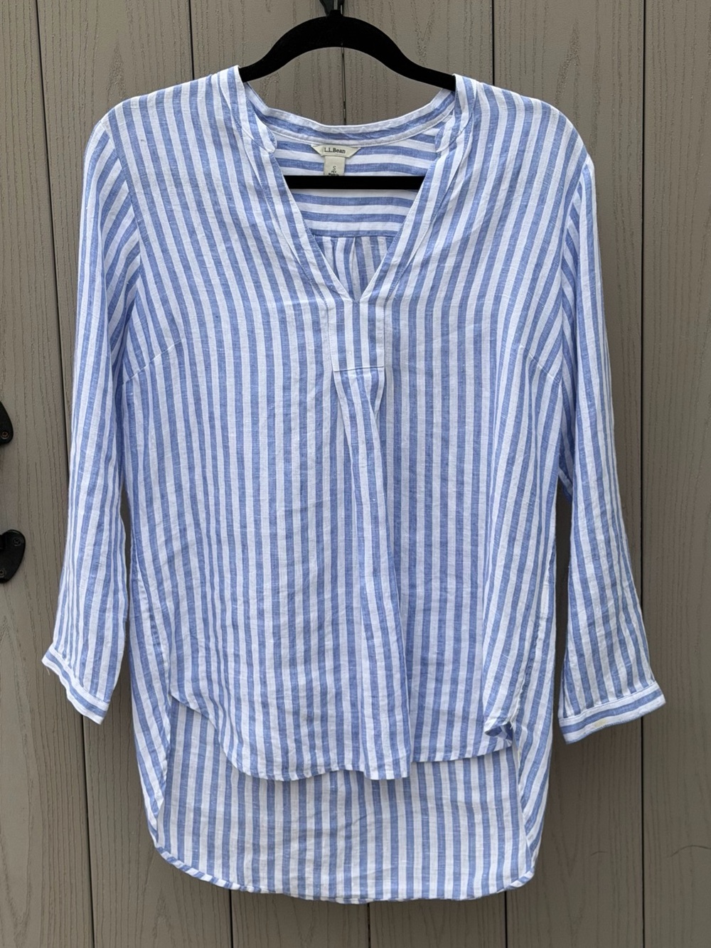 L.L. Bean Blue & White Vertical Stripe Linen V-Neck Tunic